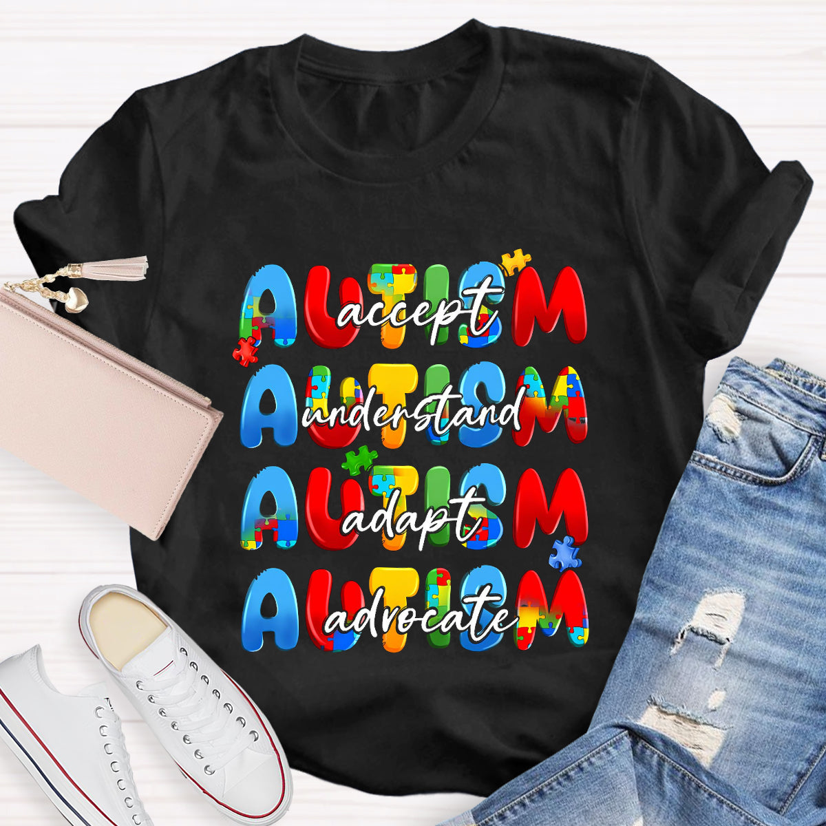 Autism Accept Advocate Adapt Teacher T-Shirt