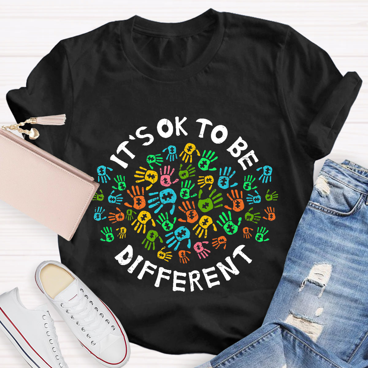 It'S Ok To Be Different Colorful Hands Teacher T-Shirt