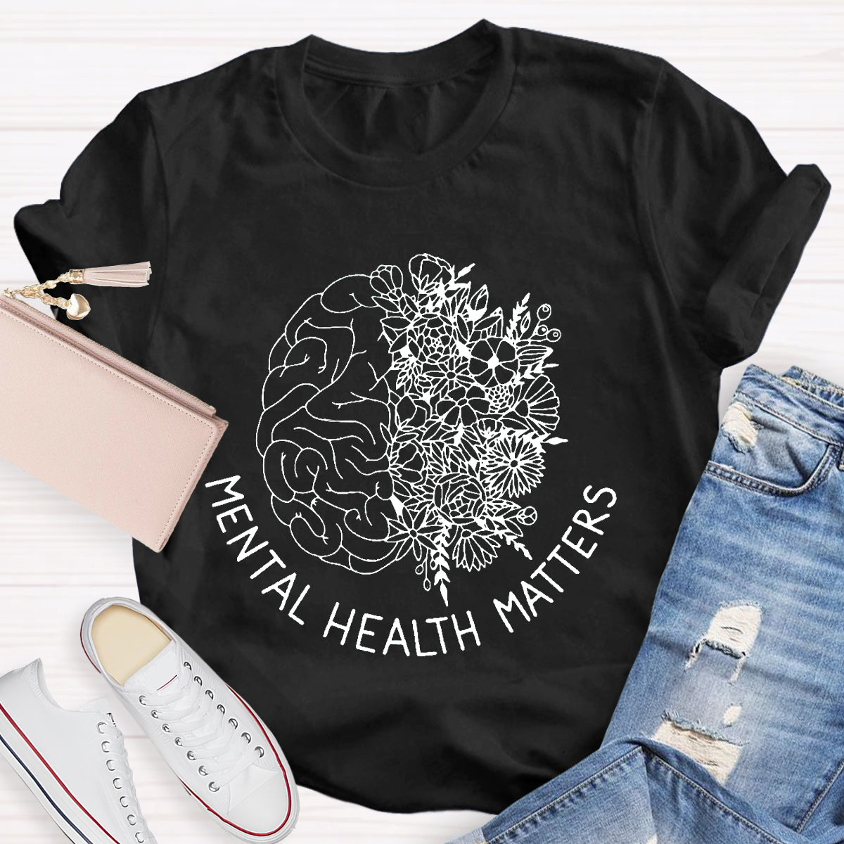 Floral Brain Mental Health Matters Teacher T-Shirt