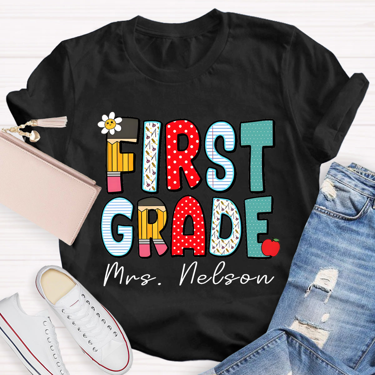 Personalized Grade And Name Back To School Dot Printed Teacher T-Shirt