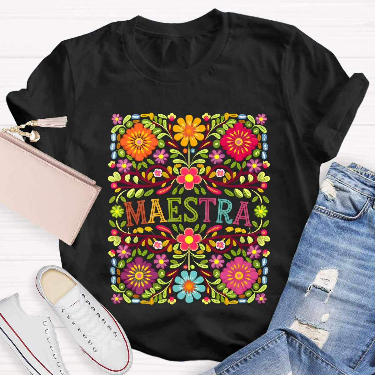 Vintage Floral Maestra Bilingual Teacher T-Shirt
