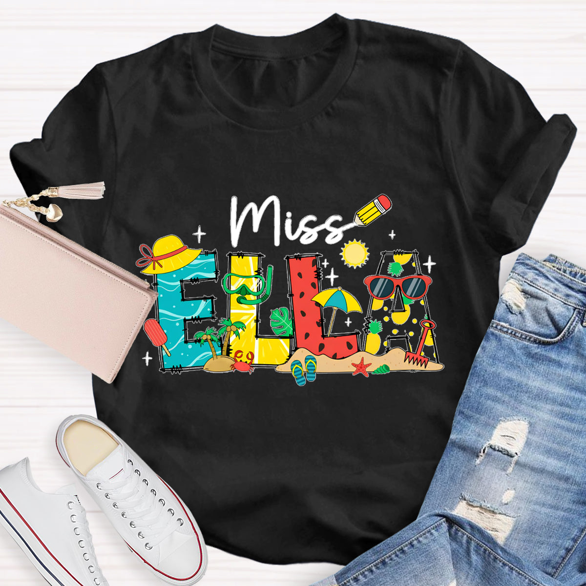 Personalized Name Summer Break Beach Teacher T-Shirt