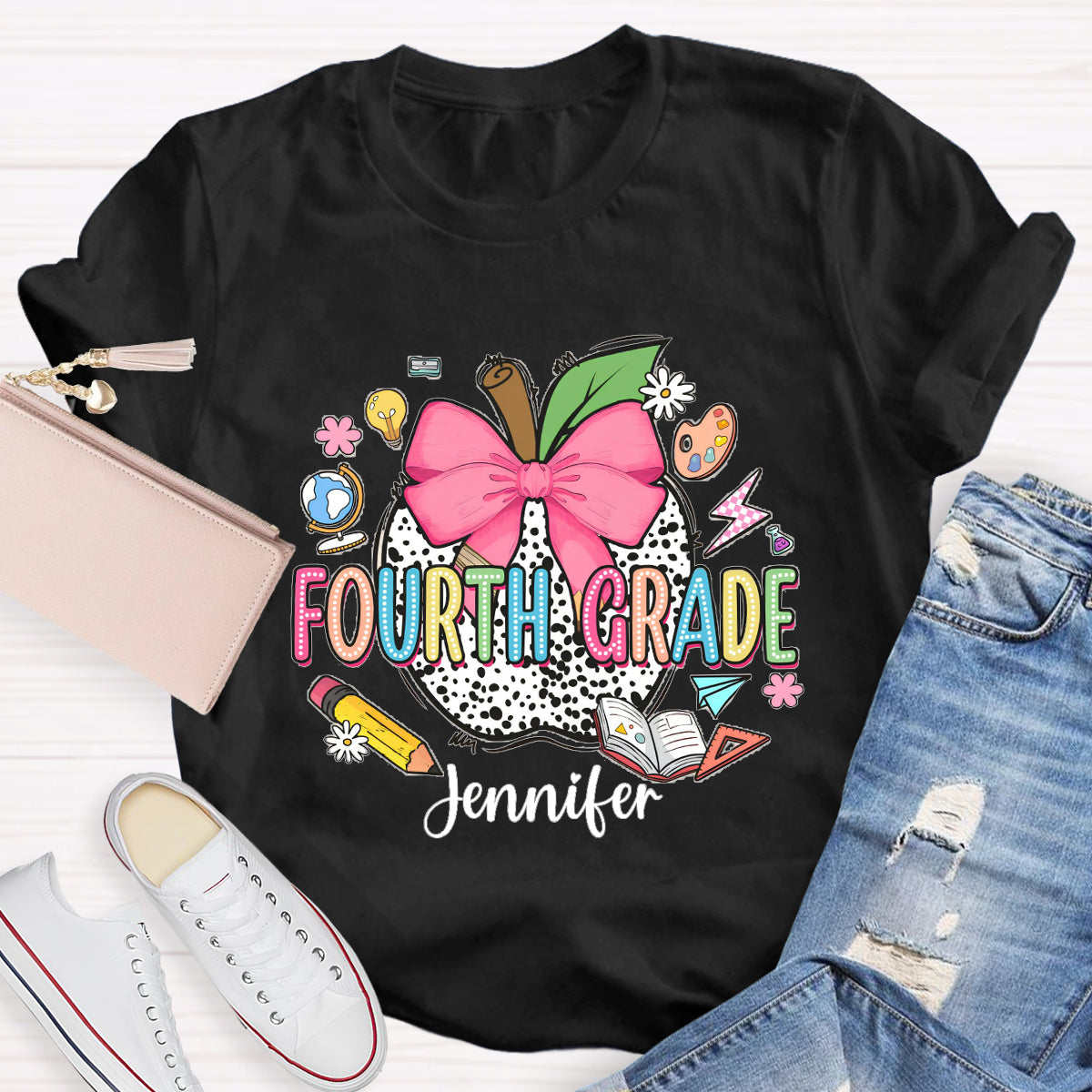 Personalized Teacher Name And Grade leopard print Apple T-Shirt