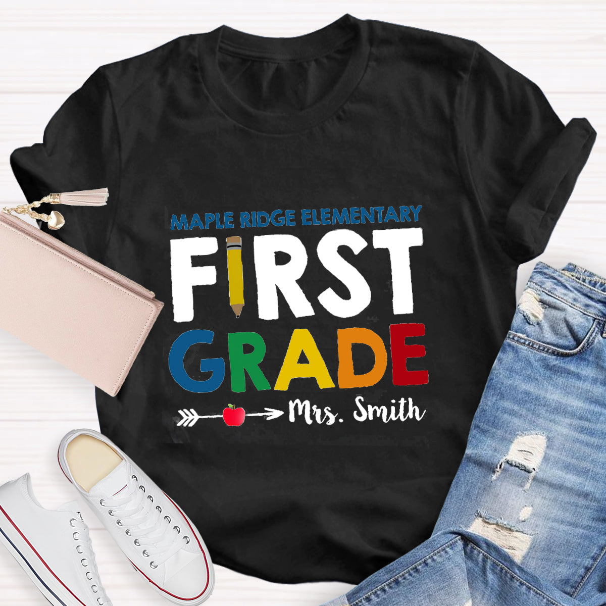 Personalized School Name Grade And Teacher Name Pencil Apple Heart T-Shirt