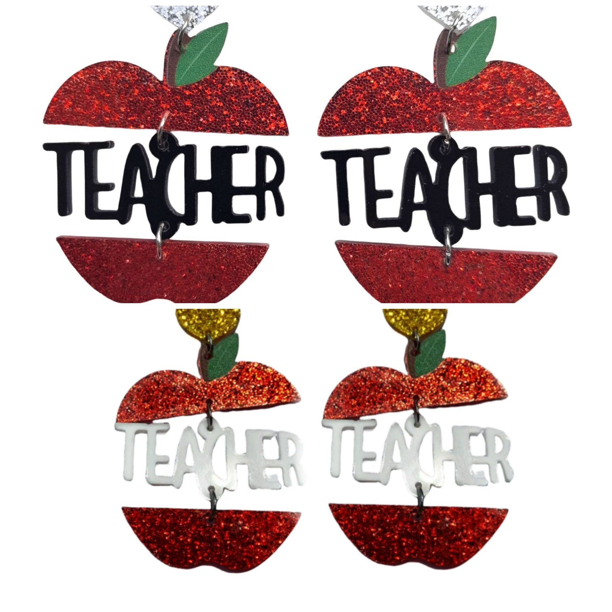 Teacher'S Day Red Apple Leaf Black And White Earrings