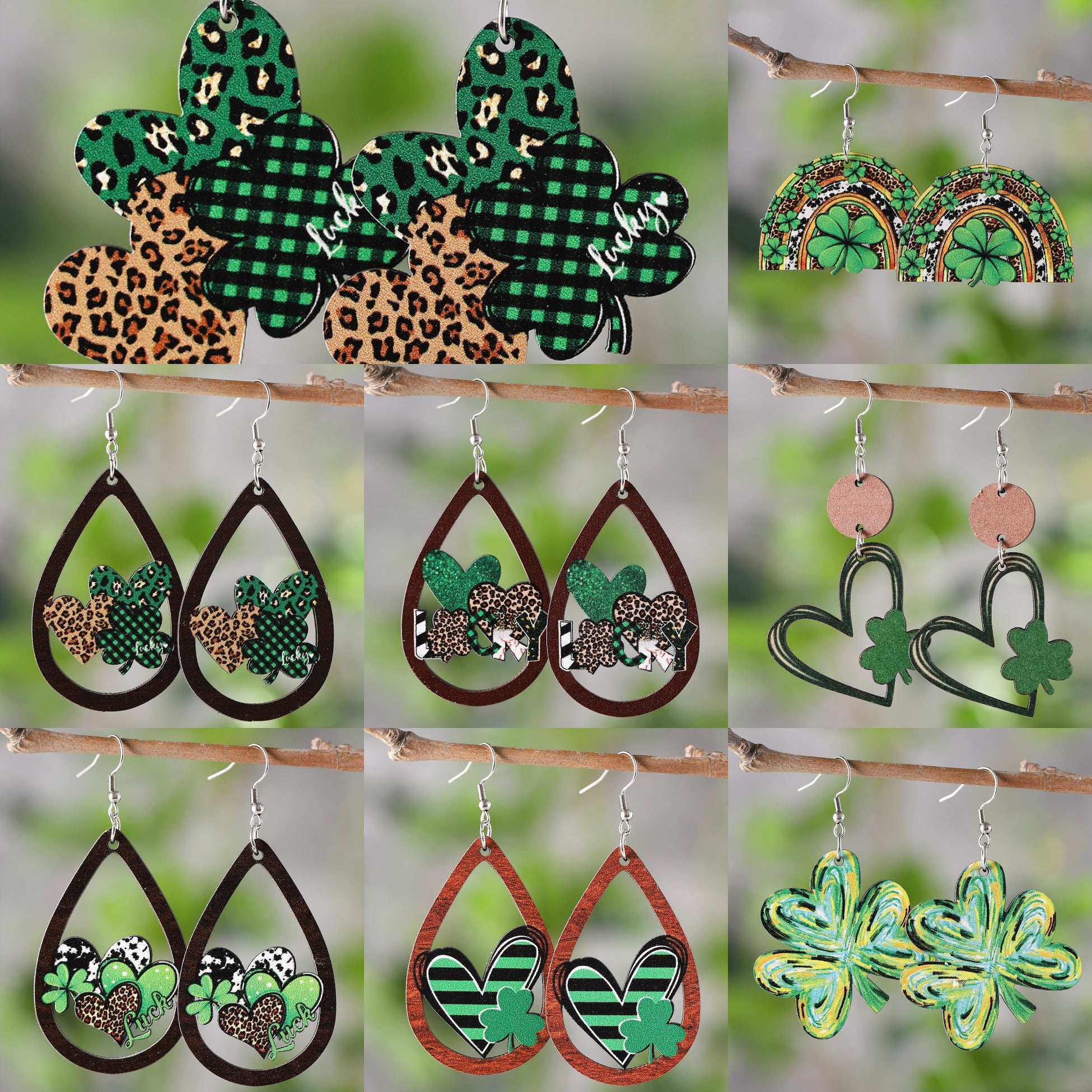 Checkered Heart-Shaped Four-Leaf Clover Earrings