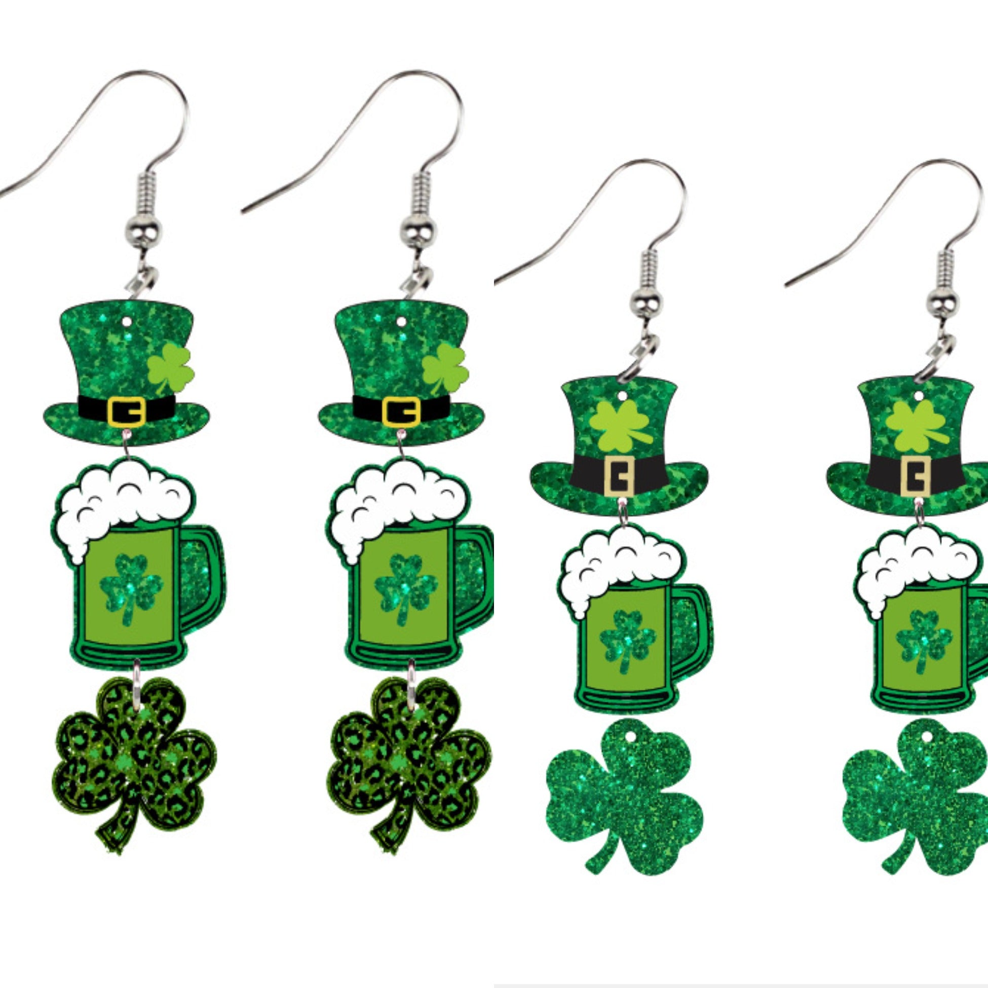 Unique Green Acrylic Glitter Clover Lucky Charm Earrings
