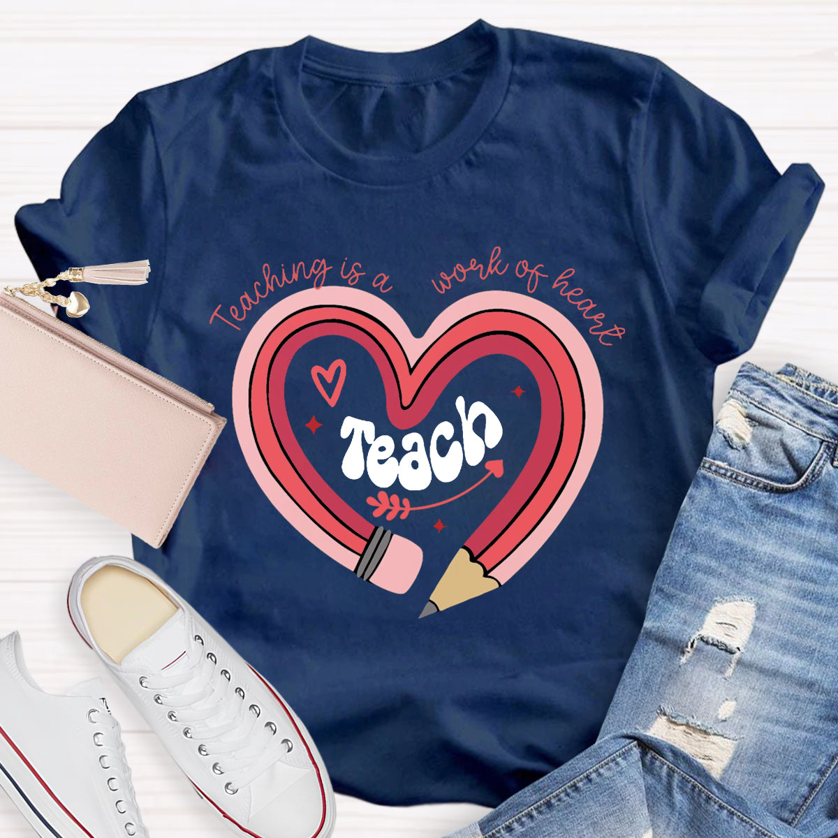 Teaching Is A Work Of Heart Pencil Teacher T-Shirt
