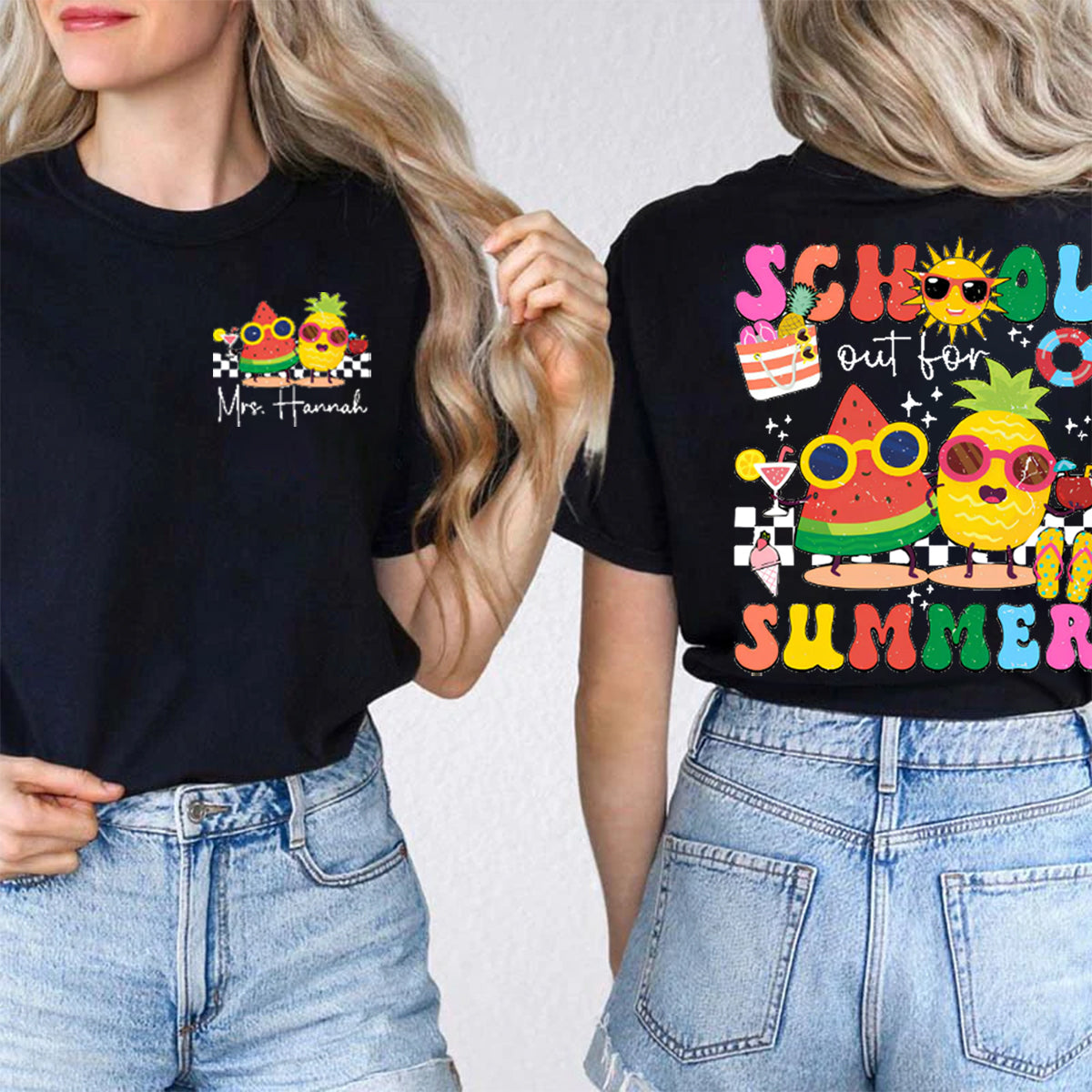 Personalized Name school Out For Summer Ice cream Double Printed T-shirt