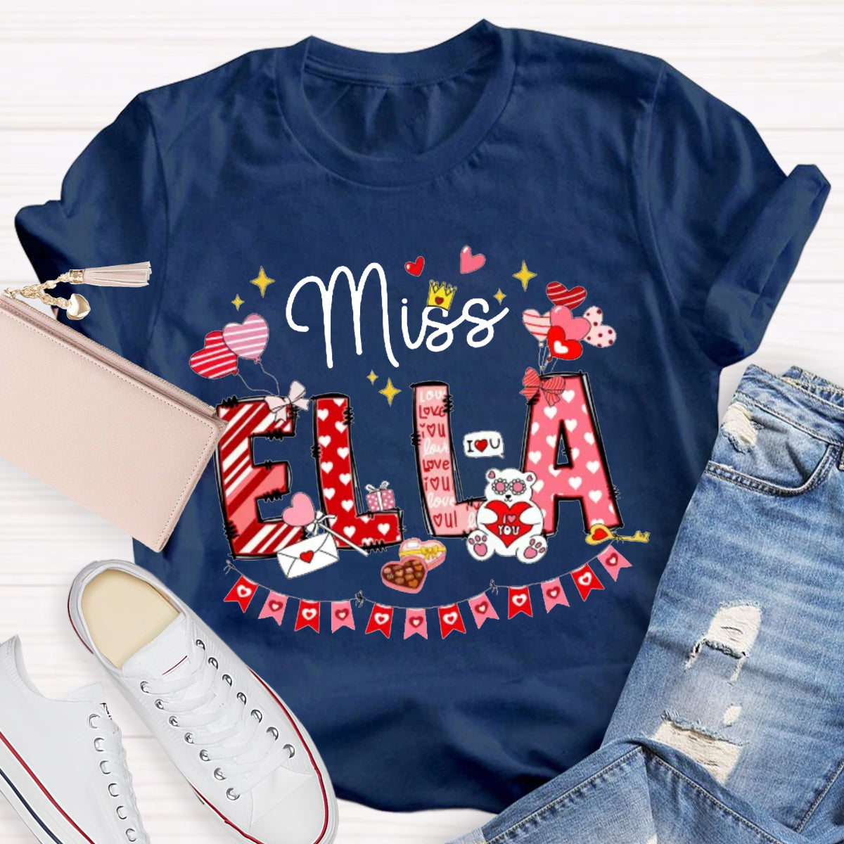 Personalized Name Valentine's Day Miss Ella Teacher T-Shirt
