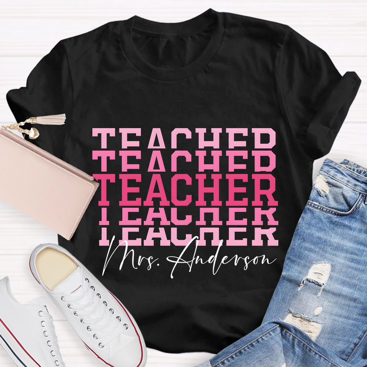 Personalize Name Pink  Teacher T-Shirt