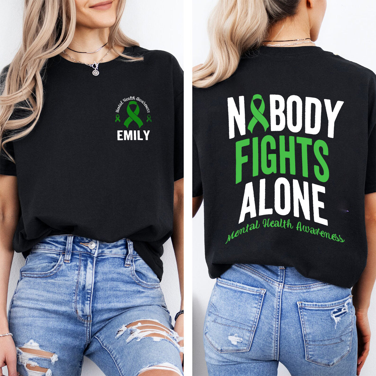 Personalized Name Nobody Fights Alone Mental Health Awareness Double Printed T-shirt