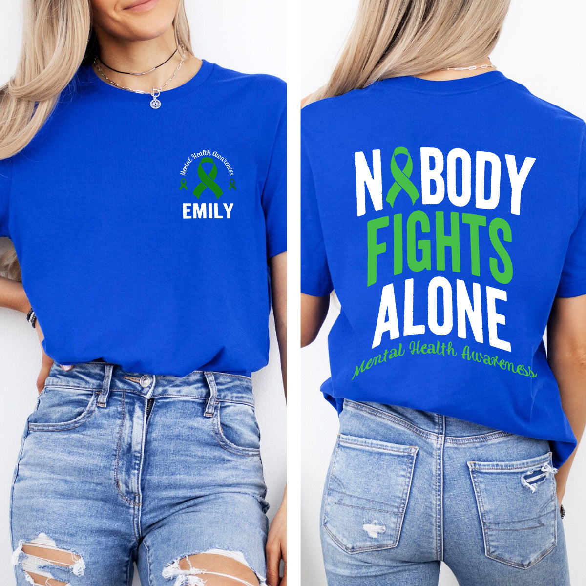 Personalized Name Nobody Fights Alone Mental Health Awareness Double Printed T-shirt