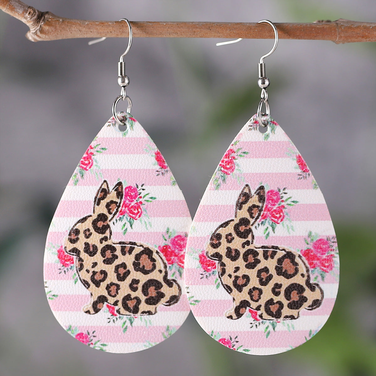 Rabbit Heart-Shaped Leopard Print Turquoise Easter Earrings
