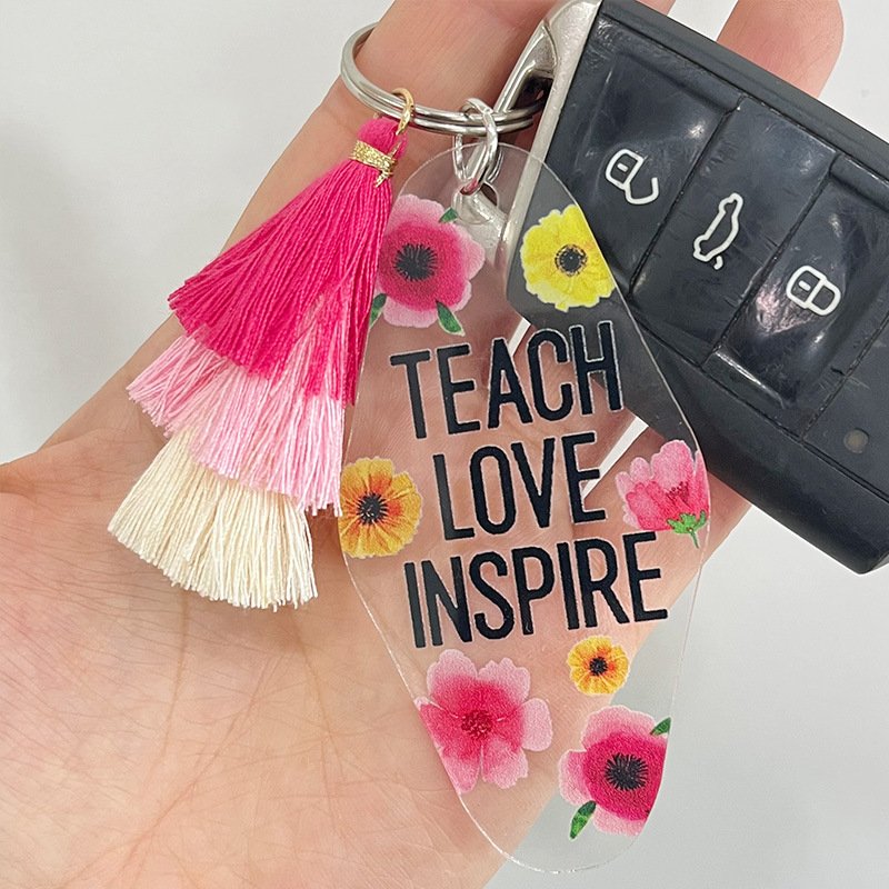 Floral Text Multi-layered Pink Tassel Key Tag