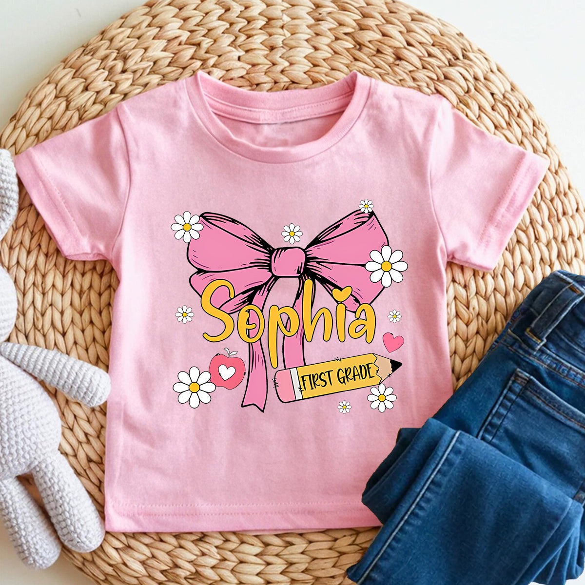 Personalized Name And Grade Bow Kindergarten Toddler T-shirts