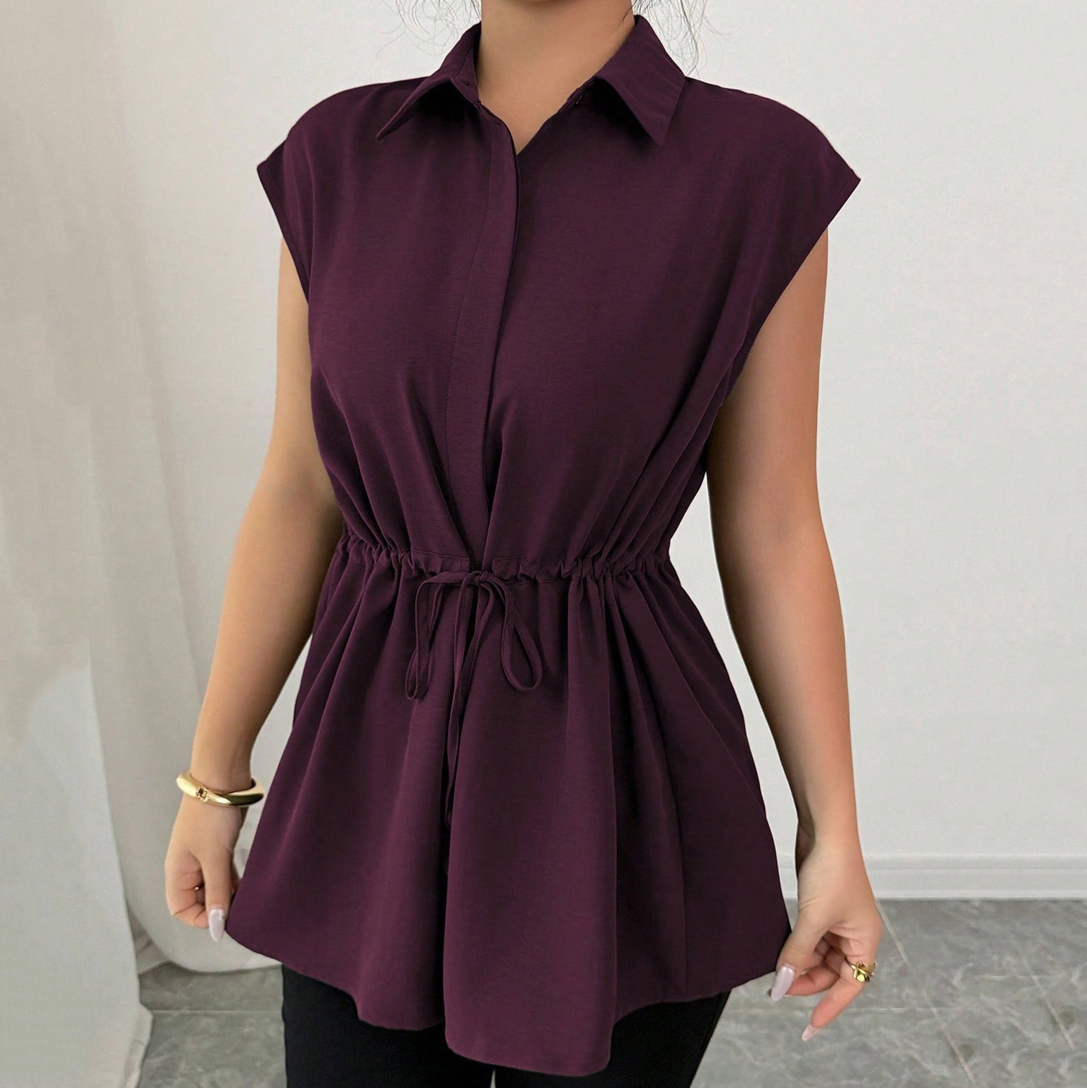 Waist-Cinching  Single-Breasted Solid Color Polo Collar  Short-Sleeved Shirt