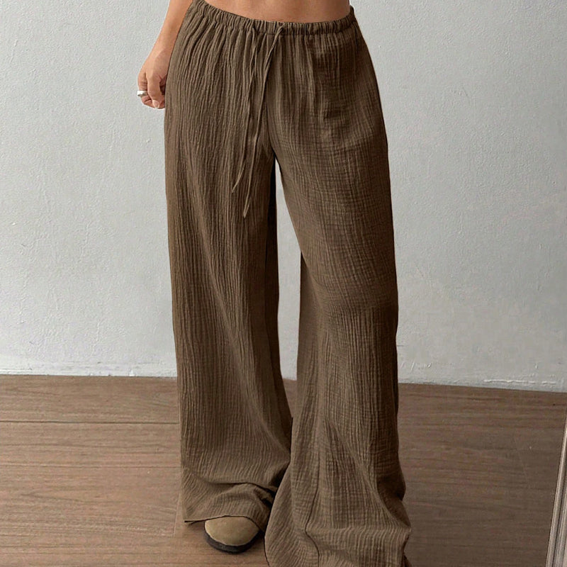 Casual Solid Color Loose Wide-Leg Floor-Length Trousers