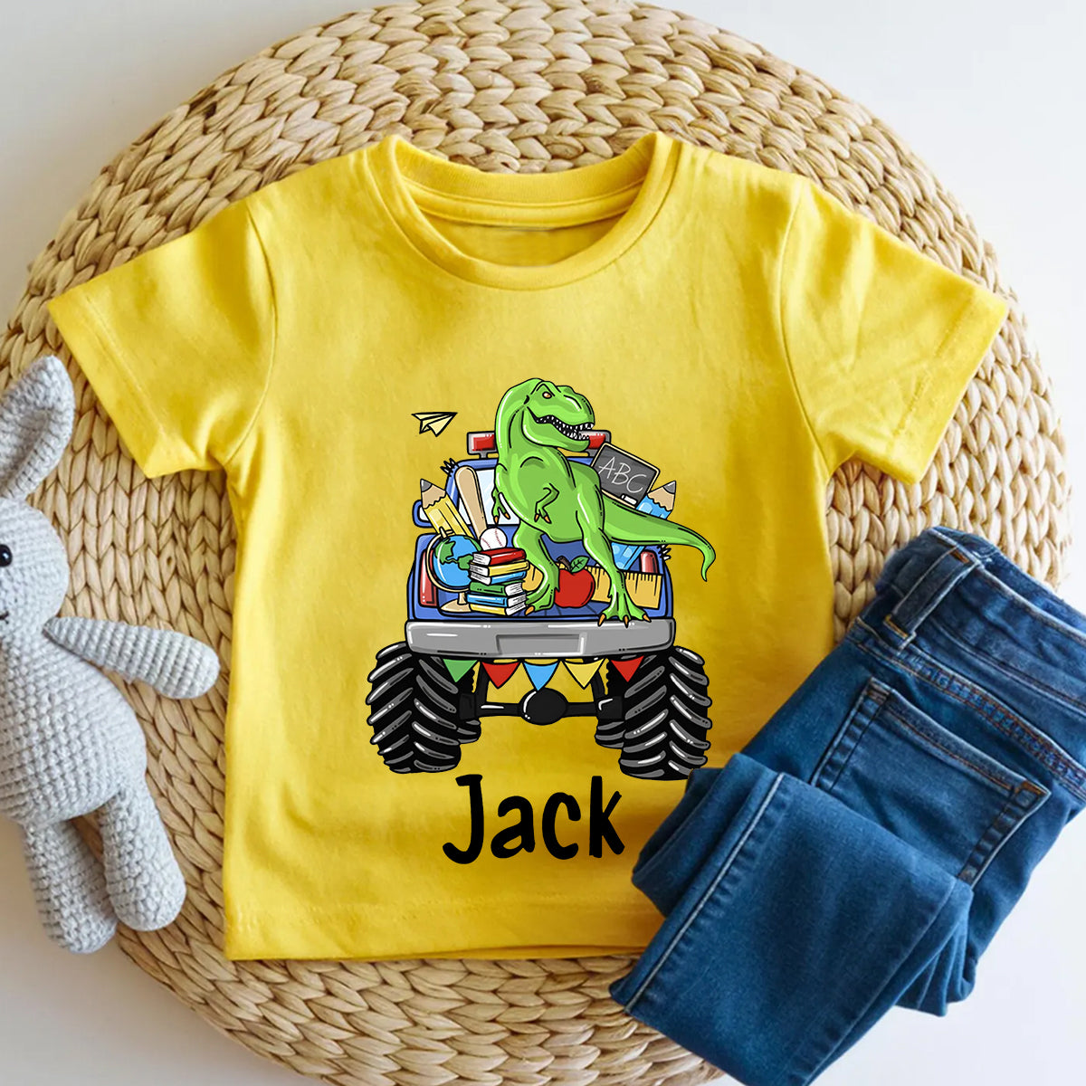 Personalized Name Dino Monster Truck School Run Toddler T-shirts