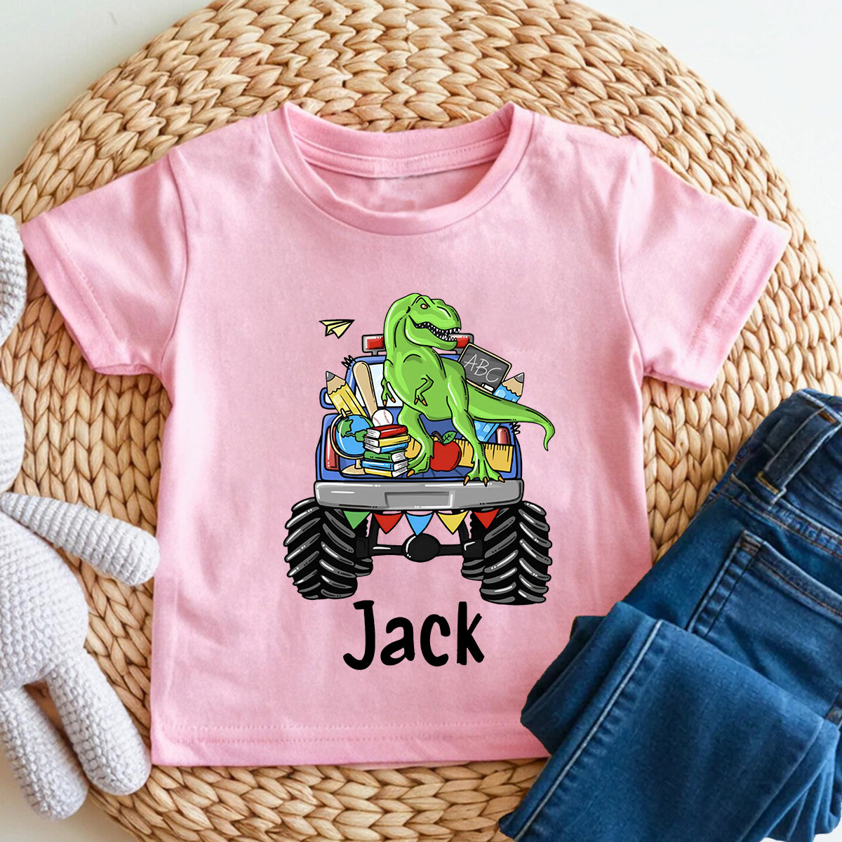 Personalized Name Dino Monster Truck School Run Toddler T-shirts
