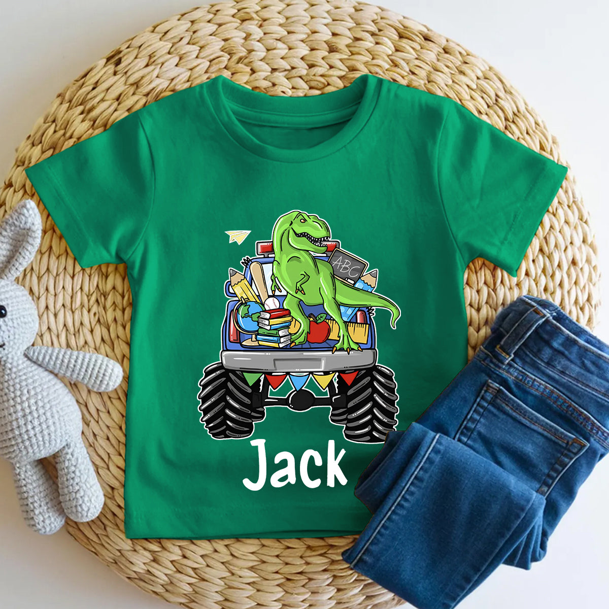 Personalized Name Dino Monster Truck School Run Toddler T-shirts