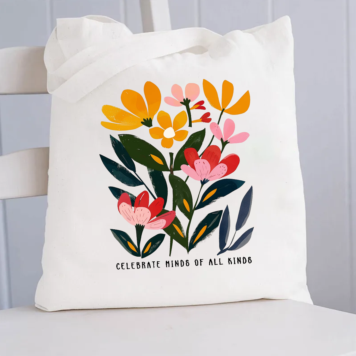 Celebrate Minds of All Kinds Floral Canvas Tote Bag