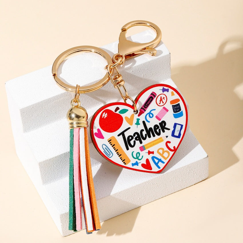 Pencil Heart Rainbow Wooden Tassel Keychain