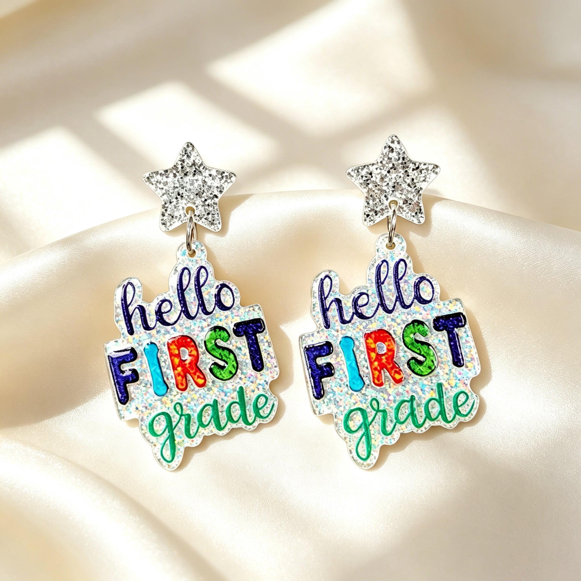 Back To School Rainbow Glitter Acrylic Earrings