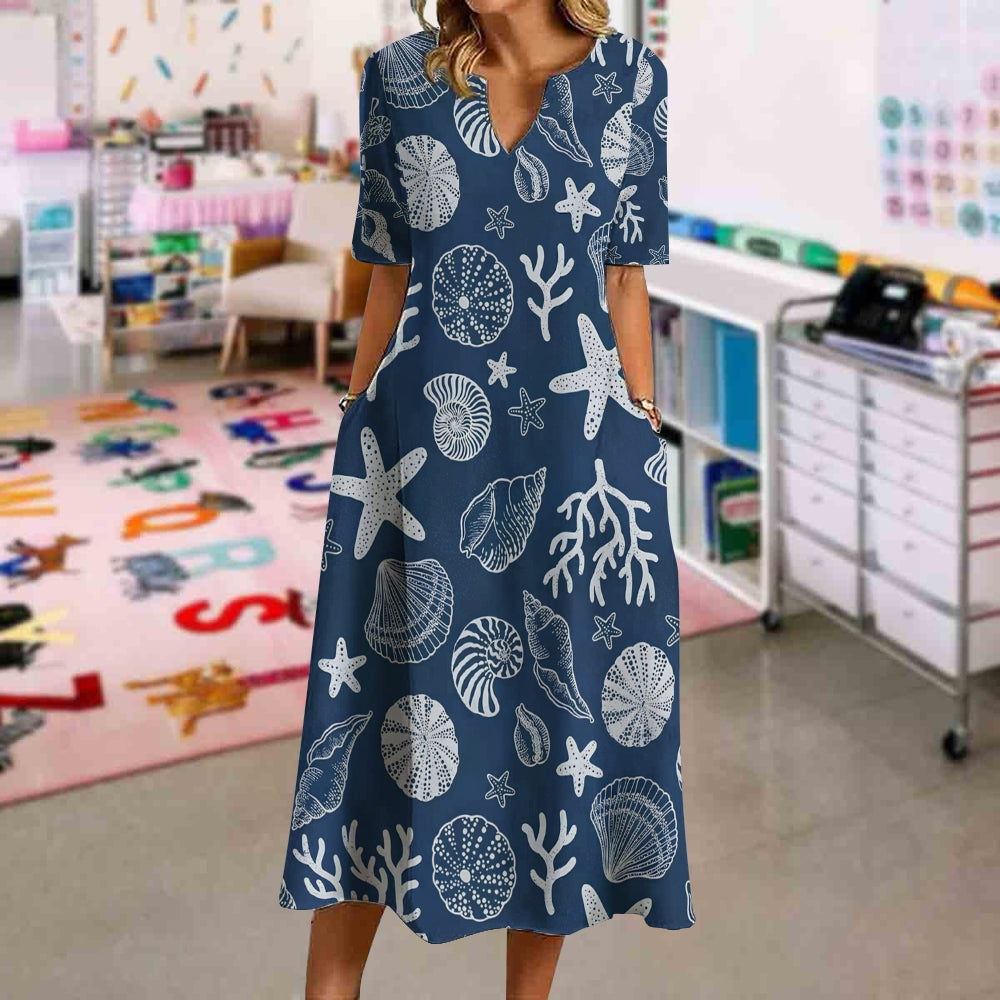 Blue Ocean Starfish Waterwood Print Dress