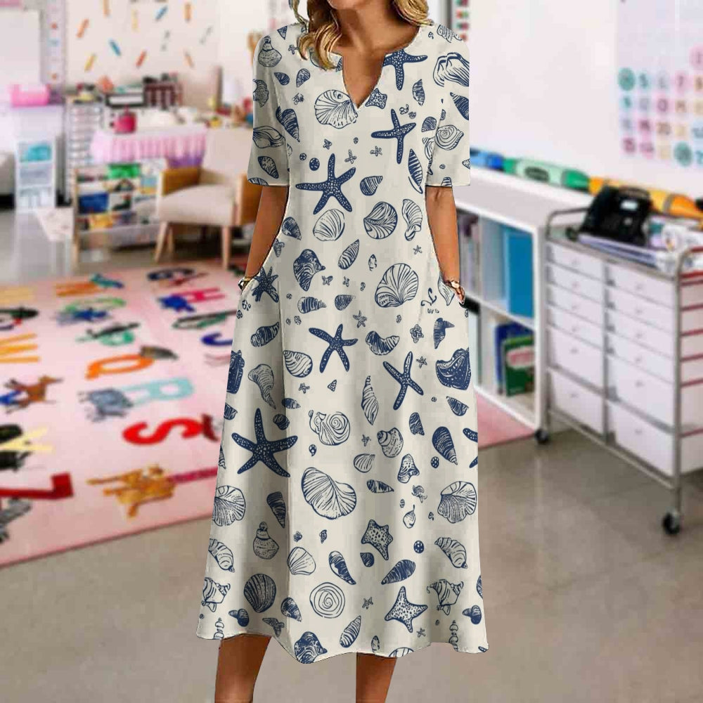 Simple And Elegant Marine Life Print Holiday Dress