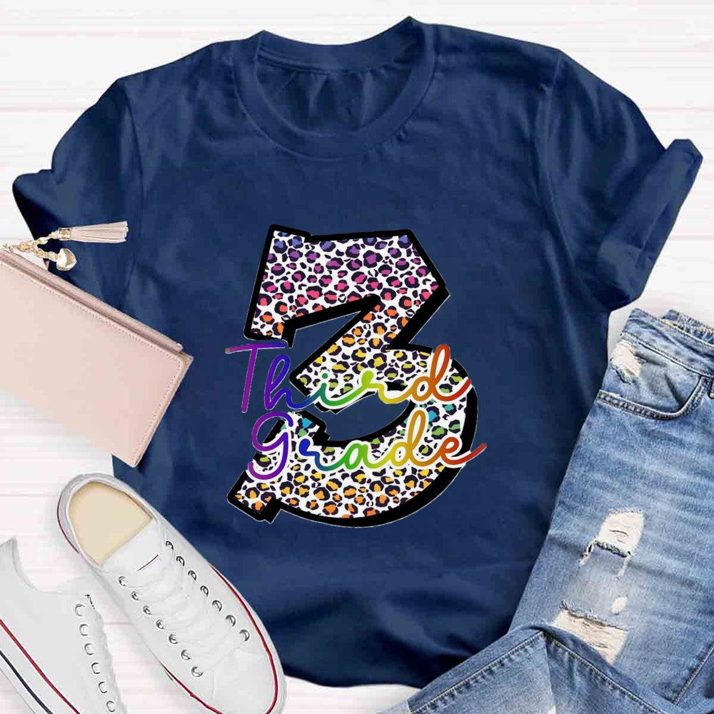 Personalized Grade Leopard Number Colorful Letter Third Grade T-shirt