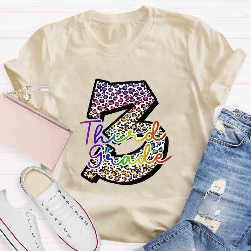 Personalized Grade Leopard Number Colorful Letter Third Grade T-shirt