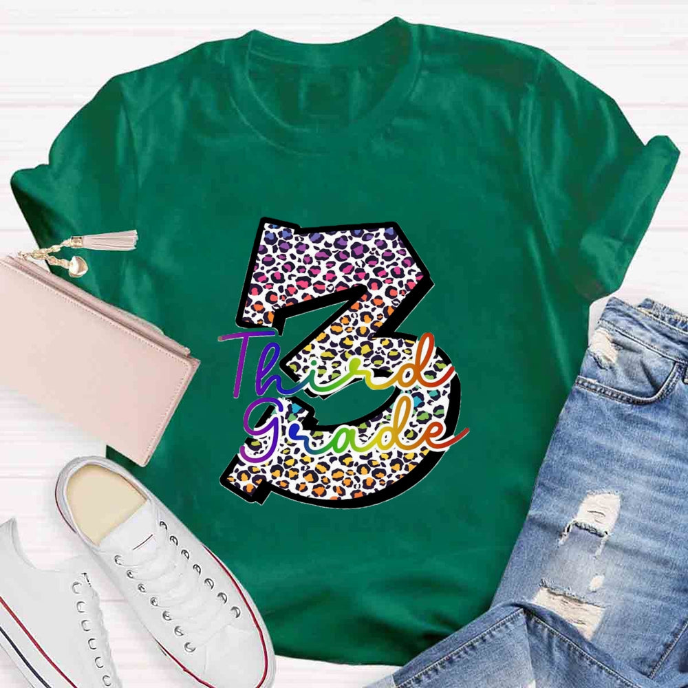 Personalized Grade Leopard Number Colorful Letter Third Grade T-shirt