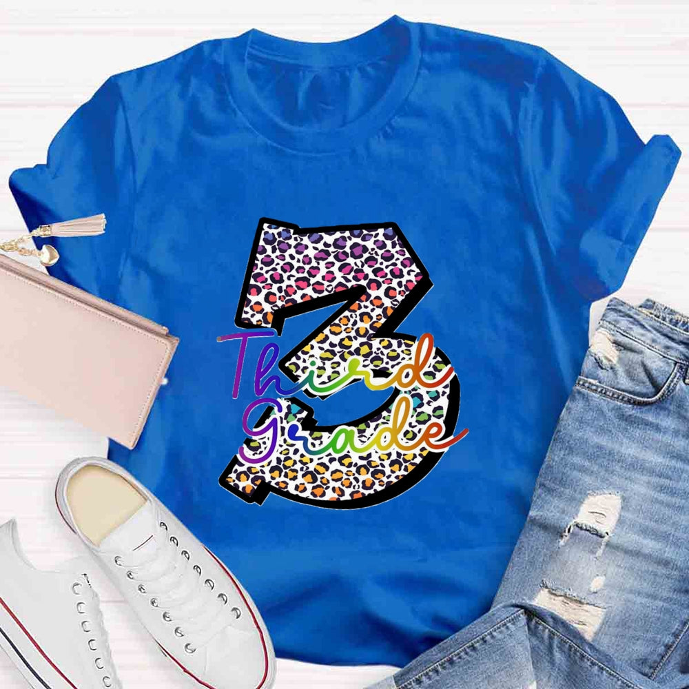 Personalized Grade Leopard Number Colorful Letter Third Grade T-shirt