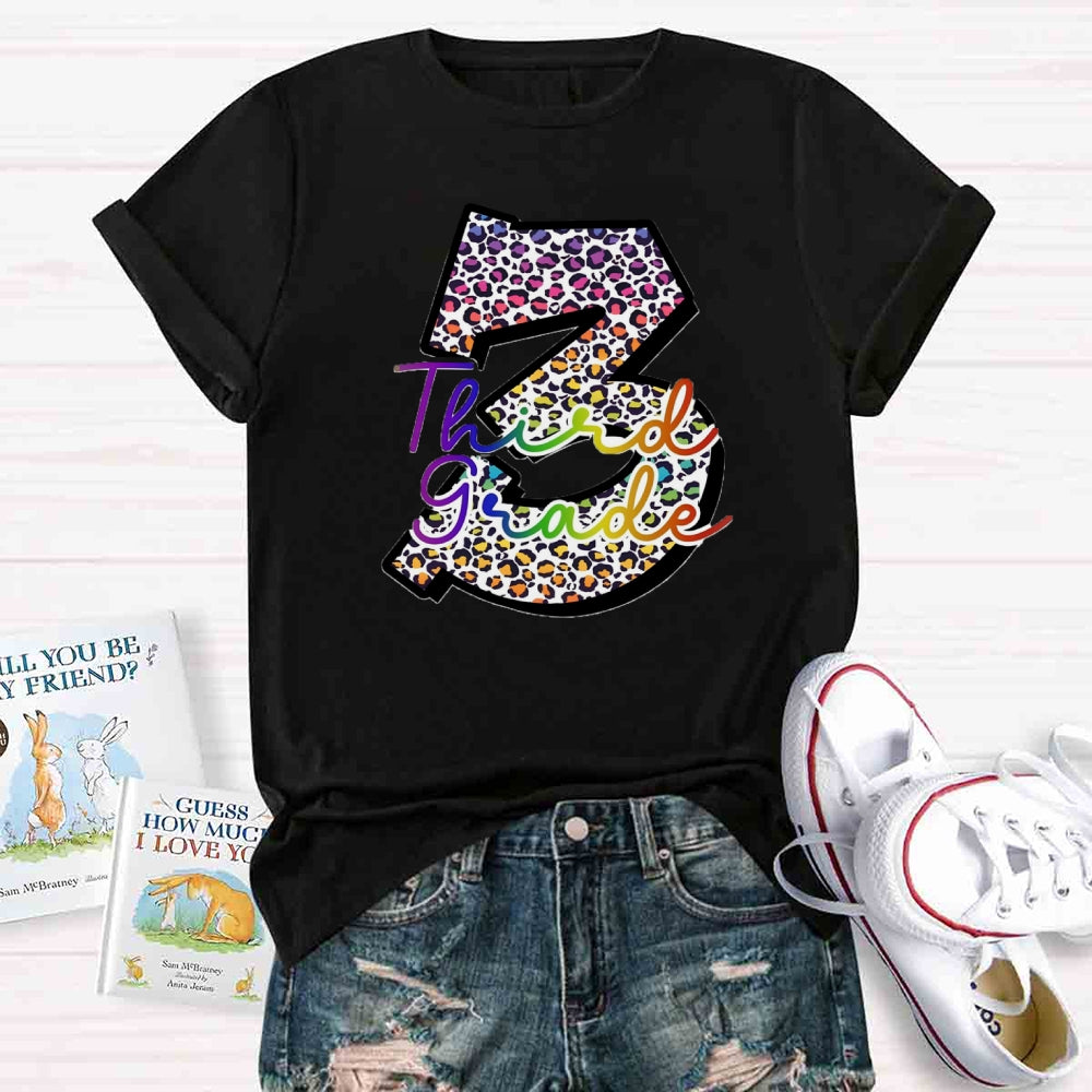 Personalized Grade Leopard Number Colorful Letter Third Grade T-shirt