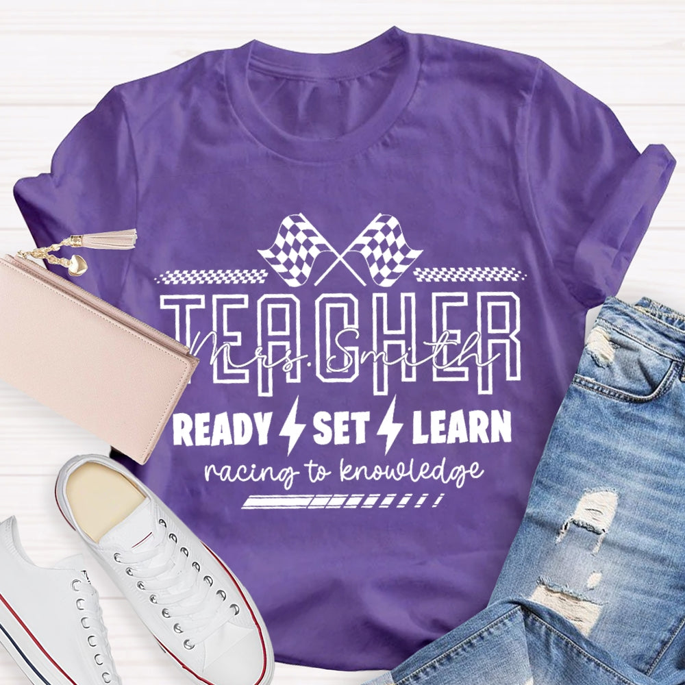 Personlized Name Ready Set Learn Racing To Knowledge Black And White Flag T-shirt