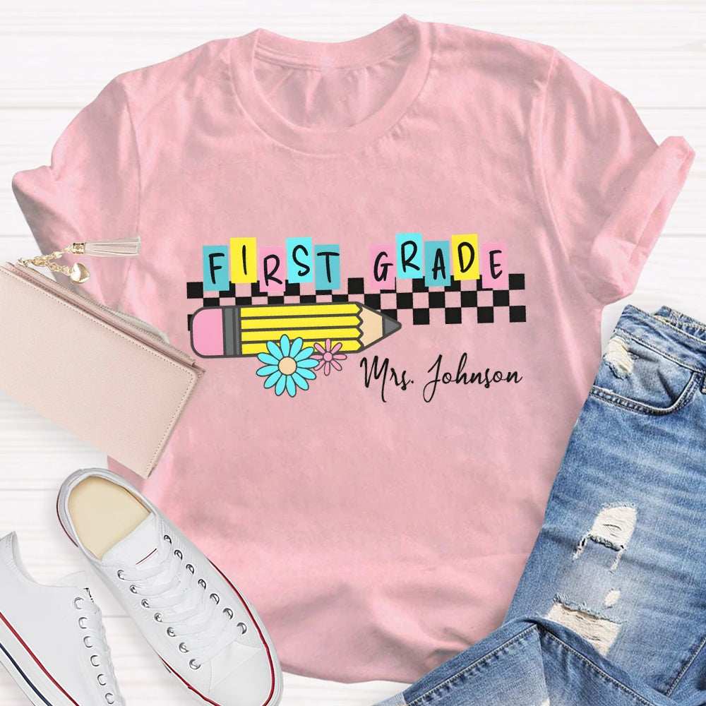 Personalized Grade And Name Color Block Pencil Daisy Printed T-shirt
