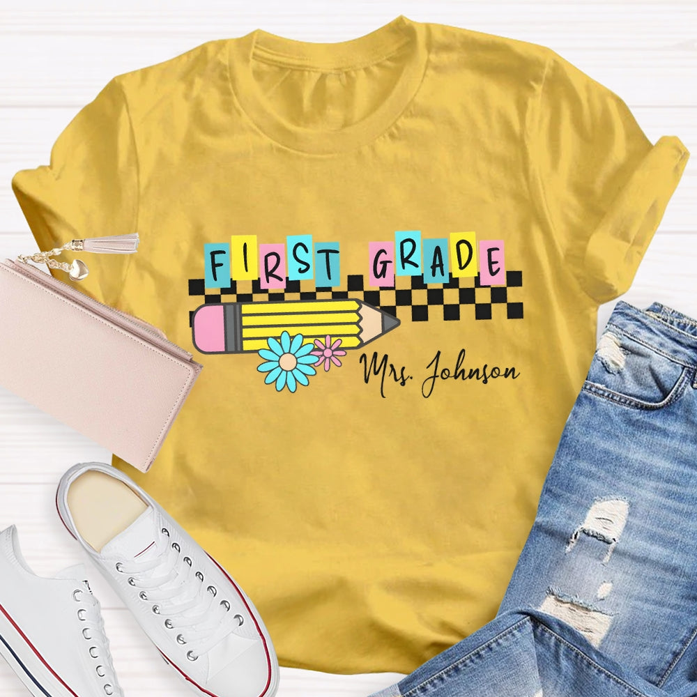 Personalized Grade And Name Color Block Pencil Daisy Printed T-shirt