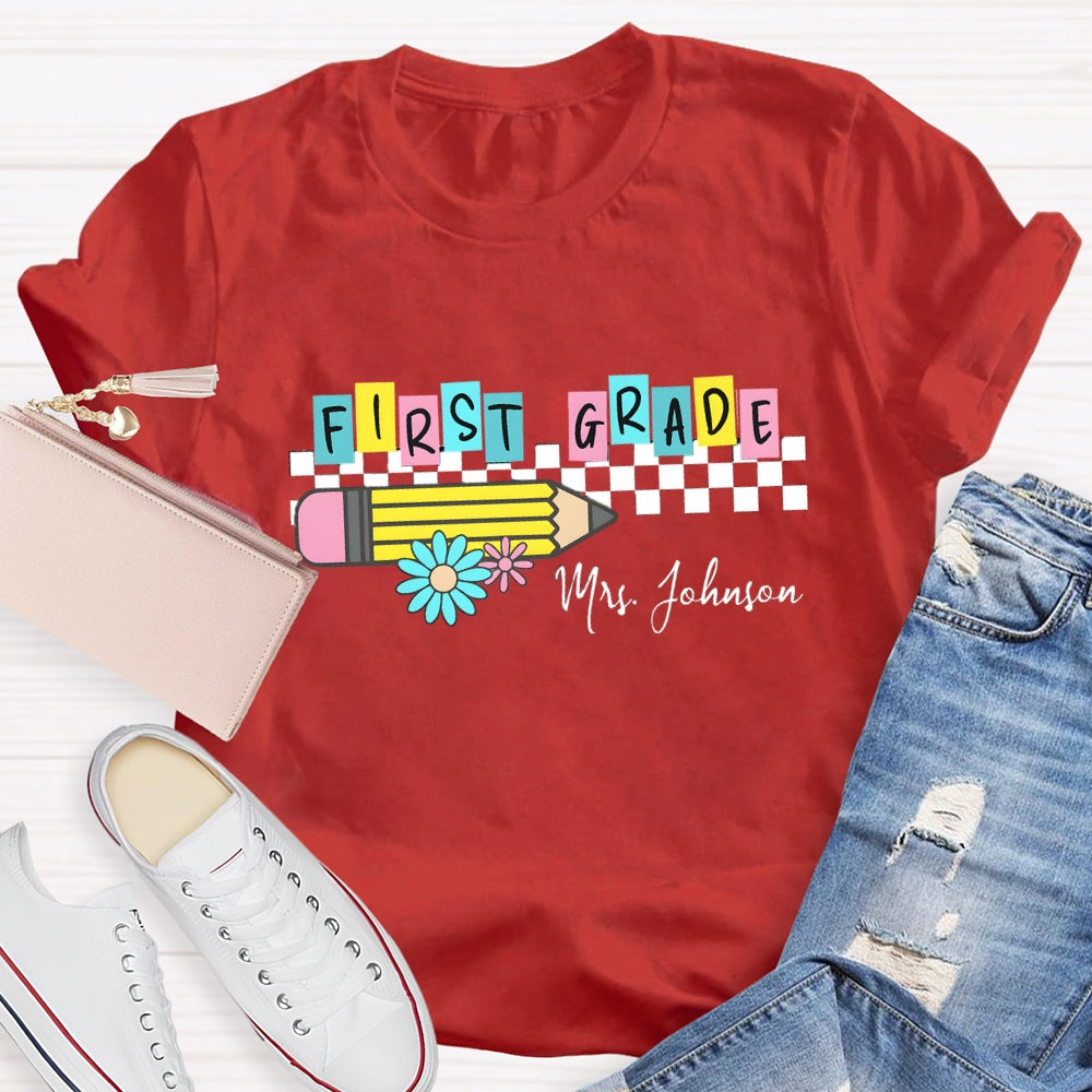 Personalized Grade And Name Color Block Pencil Daisy Printed T-shirt