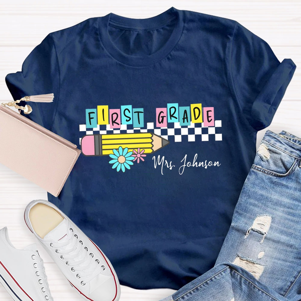 Personalized Grade And Name Color Block Pencil Daisy Printed T-shirt