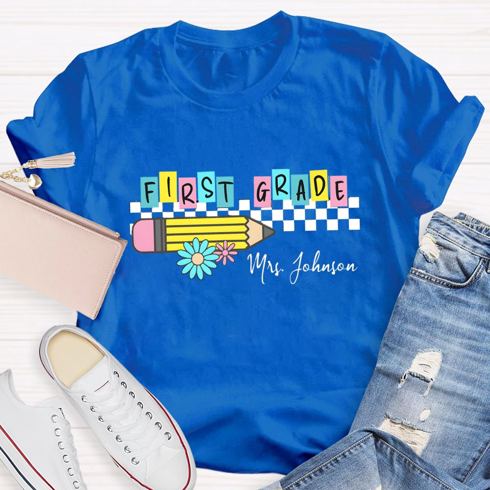 Personalized Grade And Name Color Block Pencil Daisy Printed T-shirt