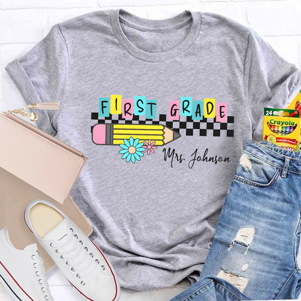 Personalized Grade And Name Color Block Pencil Daisy Printed T-shirt