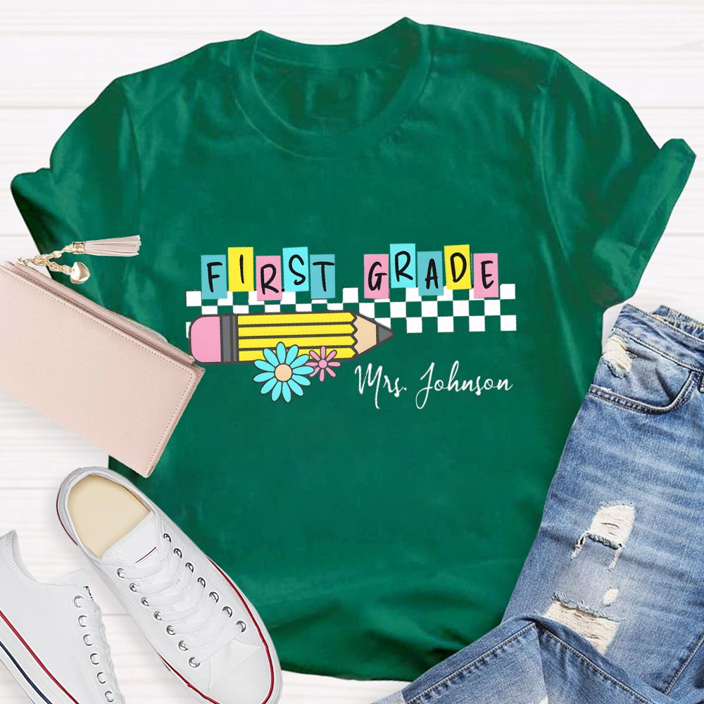 Personalized Grade And Name Color Block Pencil Daisy Printed T-shirt