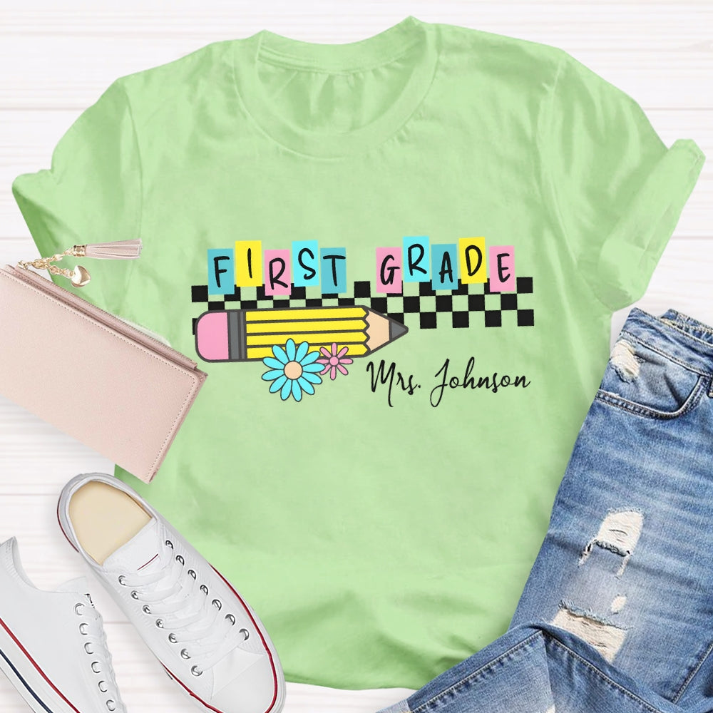 Personalized Grade And Name Color Block Pencil Daisy Printed T-shirt