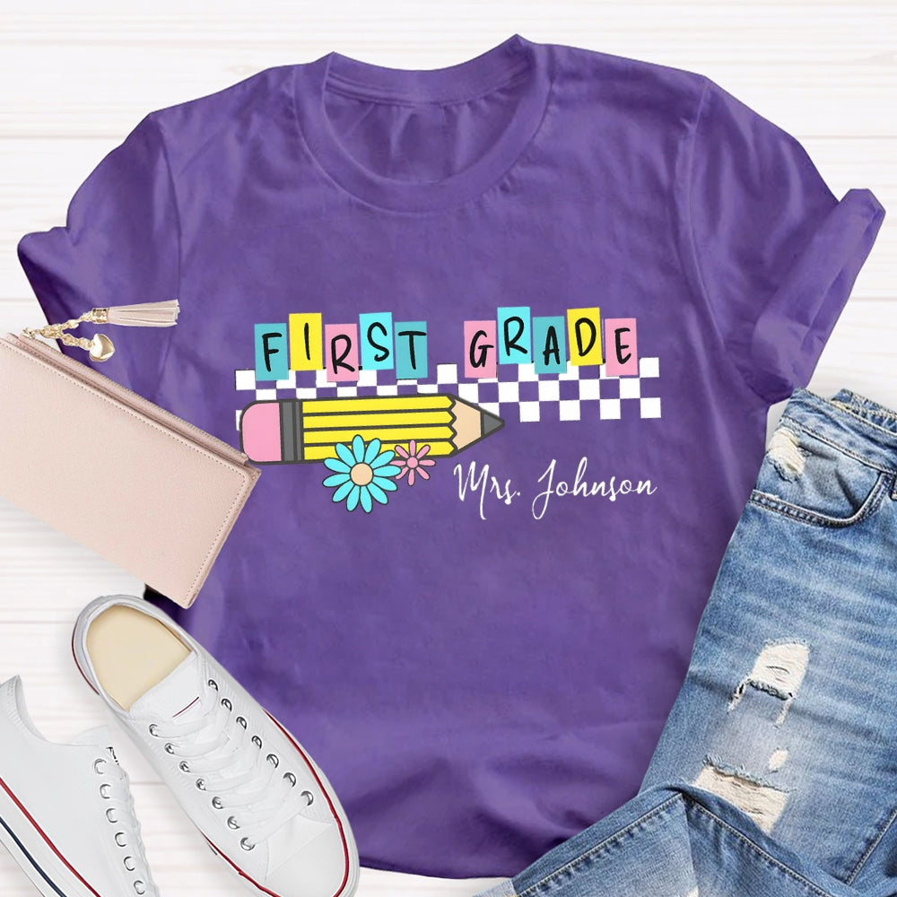 Personalized Grade And Name Color Block Pencil Daisy Printed T-shirt
