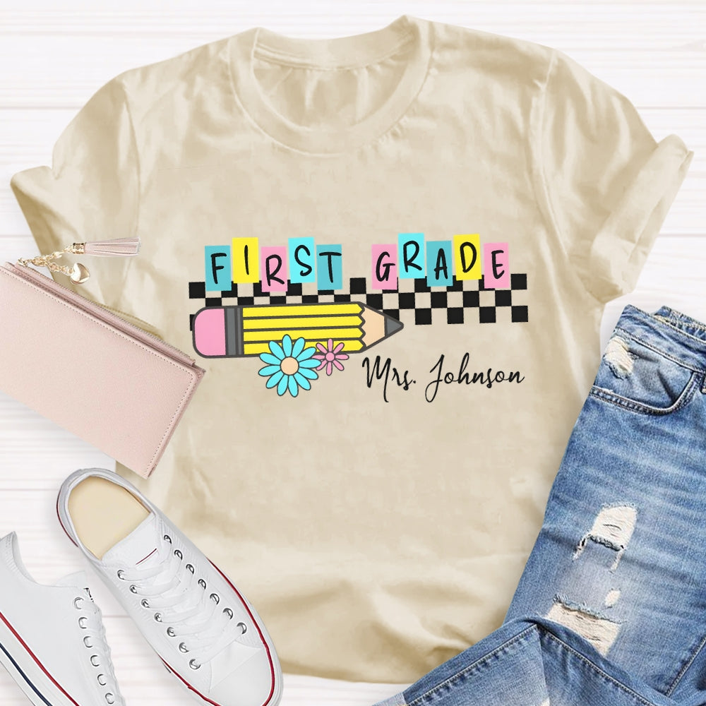 Personalized Grade And Name Color Block Pencil Daisy Printed T-shirt