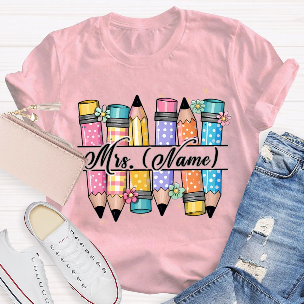 Personalized Name Colorful Pencils Teacher T-shirt