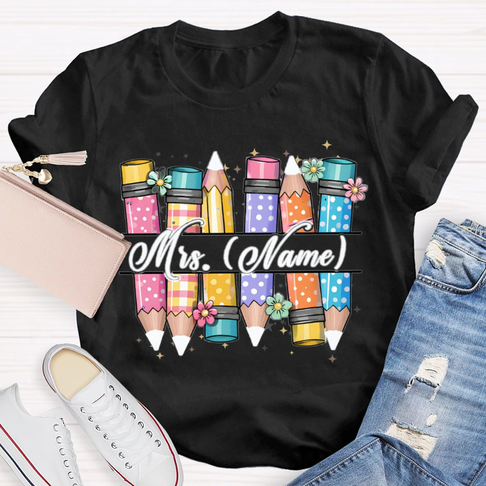 Personalized Name Colorful Pencils Teacher T-shirt