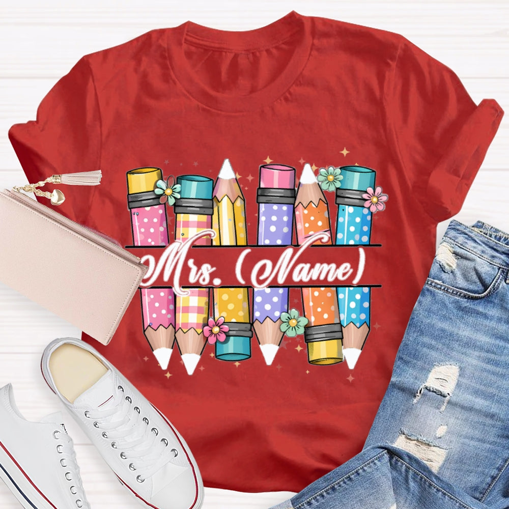 Personalized Name Colorful Pencils Teacher T-shirt