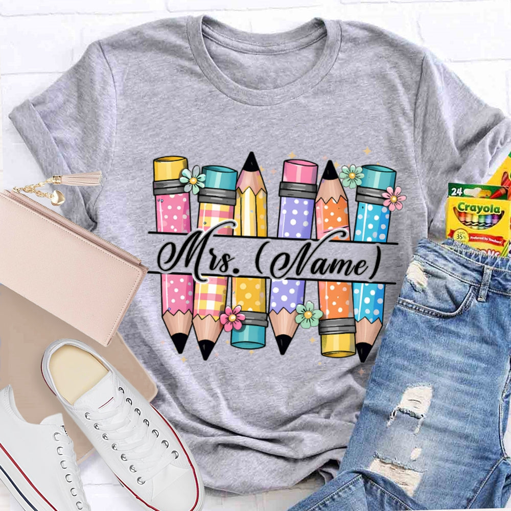 Personalized Name Colorful Pencils Teacher T-shirt